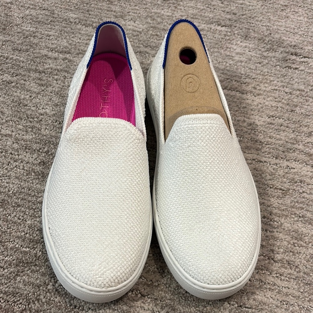 Rothy's White Sneakers with Pink Interior and Blue Trim